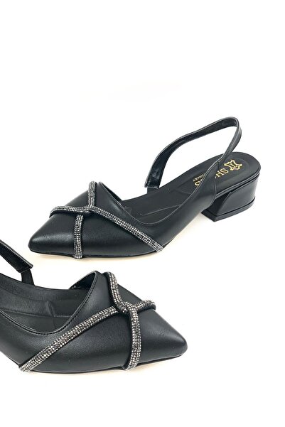 bescobel Women's Necby Black Pointed Toe Heeled Stone Ballerinas