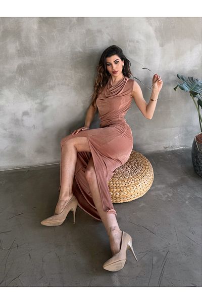 Fav Style Γυναικείο αμάνικο ντεγκέ γιακά με σκίσιμο μακρύ φόρεμα Camel