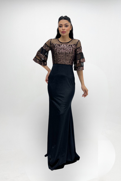 giyimmasalı Top Sequin Bottom Velvet Evening Dress - Bronze