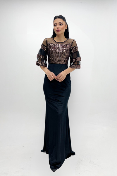 giyimmasalı Top Sequin Bottom Velvet Evening Dress - Bronze
