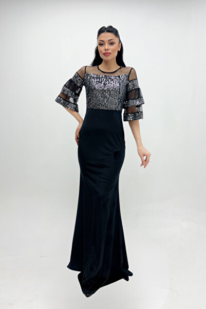 giyimmasalı Üst Payet Alt Kadife Abiye Elbise - Gümüş