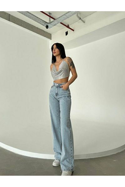 Livik Toți albastru lycra largi pentru femei, albastru gheață, zăpadă, talie super înaltă, picior largi, blugi din denim, pantaloni palazzo