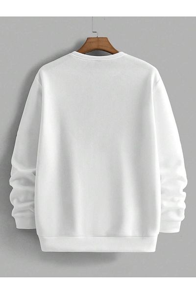 BEETON Line Text Thick Winter Sweatshirt - White Printed Oversize Crew Neck