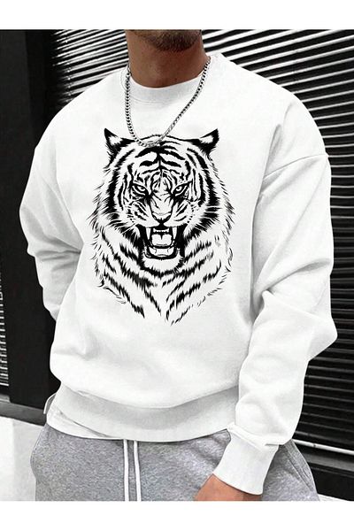 BEETON Tiger Pattern Thick Winter Sweatshirt - White Printed Oversize Crew Neck