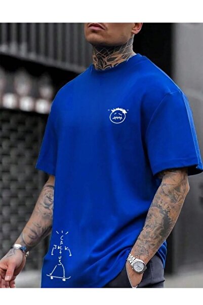 Boi Tricou albastru oversize unisex cu imprimeu Hiphop Travis Scott Cactus Jack