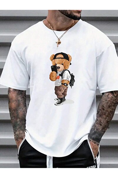 BEETON Cool Bear T-Shirt - Λευκό εμπριμέ κοντομάνικο μπλουζάκι με λαιμόκοψη