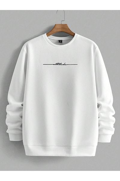 BEETON Line Text Thick Winter Sweatshirt - White Printed Oversize Crew Neck