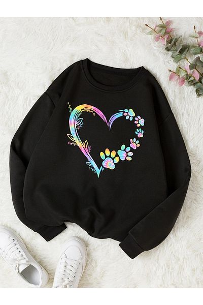 BEETON Heart Patterned Black Oversize Sweatshirt - Crew Neck