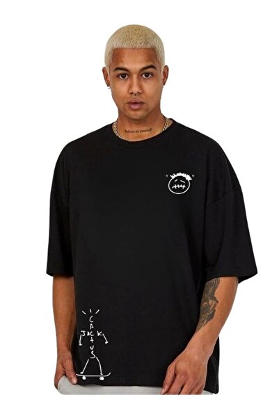 Boi Tricou negru oversize unisex cu imprimeu Hiphop Travis Scott Cactus Jack