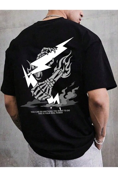 BEETON İskelet Şimşek  T-Shirt - Siyah Baskılı Oversize Bisiklet Yaka Kısa Ko...