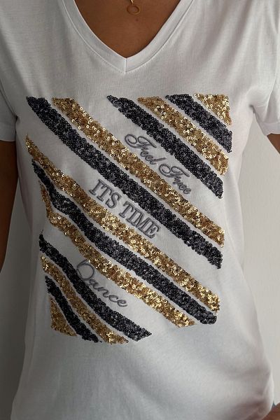 FEMELLE Women's White V-Neck Embroidery and Sequin Sequin Embroidered 100% Cotton T-Shirt