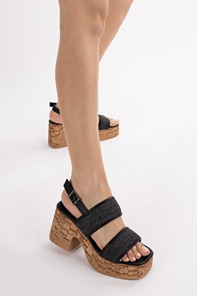 Getcho Kepa Women's Black Straw Detailed Thick Heeled Sandals Summer Comfortable Platform Shoes Daily Model