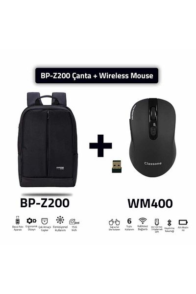 Classone ماوس Bp-z200-wm400 - كمبيوتر محمول من القماش المقاوم للماء مقاس 15.6 بوصة، ماوس لاسلكي على ظهر الكمبيوتر المحمول