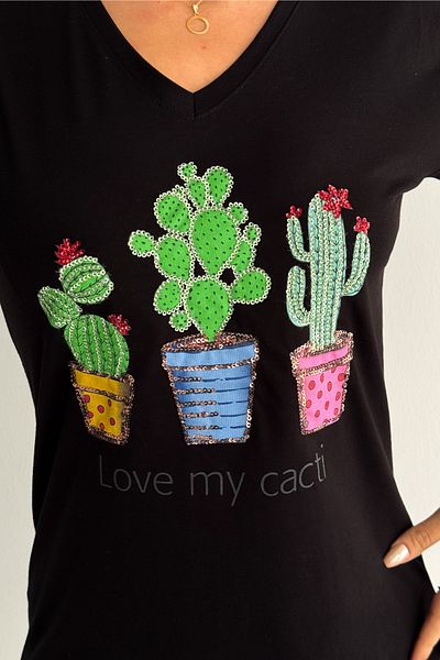 FEMELLE Tricou de damă, negru, cu decolteu în V, cu paiete cactus, brodat 100% bumbac
