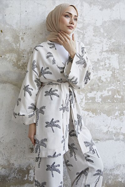 InStyle Patterned Double Linen Kimono Set - Black