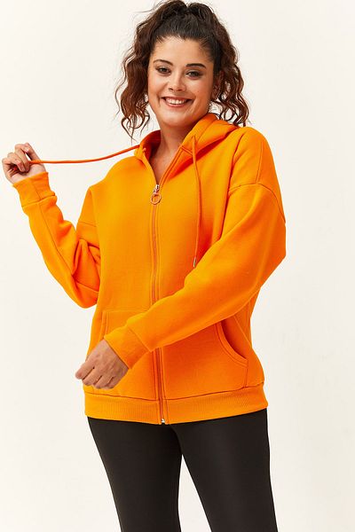 Ebsumu Plus Size Zippered Raised Orange Sweatshirt