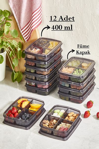 Bayev Smoked 12 Pieces 400 ml Mini Storage Container - 4 Compartment Snack Bowl Frozen Meat Vegetable Icebox Organizer