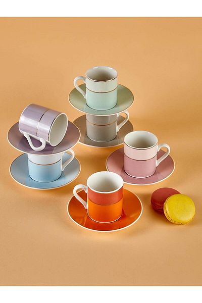 Neva N3505 Monet 6-Person Coffee Cup Set 90 ml with 6 Different Colors and Gold Handles