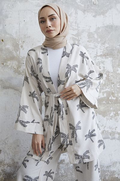 InStyle Patterned Double Linen Kimono Set - Black