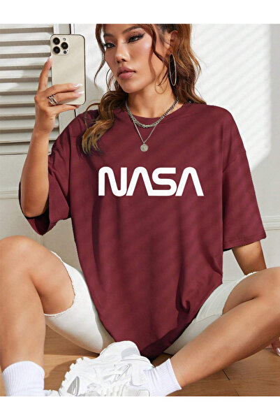 Revasser Unisex Kadın/Erkek NASA Renkli Özel Baskılı Oversize Pamuk Penye T-S...