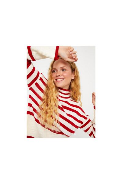LC Waikiki Pulover de damă cu mânecă lungă în dungi cu gât roscat