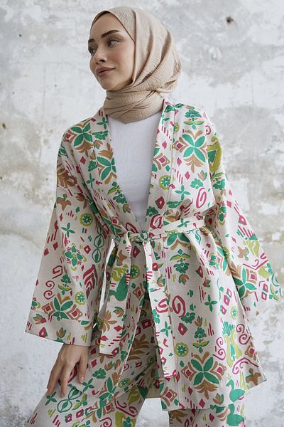 InStyle Shaped Patterned Linen Kimono Set - Green