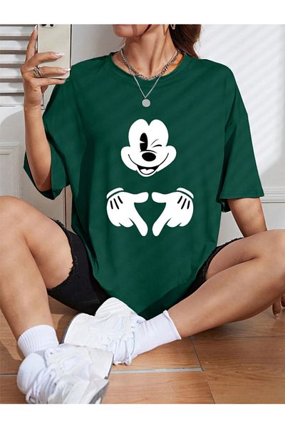 Revasser Unisex Γυναικεία/Ανδρικά μπλουζάκια Μίκυ Μάους, πολύχρωμο, προσαρμοσμένο με στάμπα μεγάλου μεγέθους, βαμβακερό χτενισμένο βαμβακερό μπλουζάκι