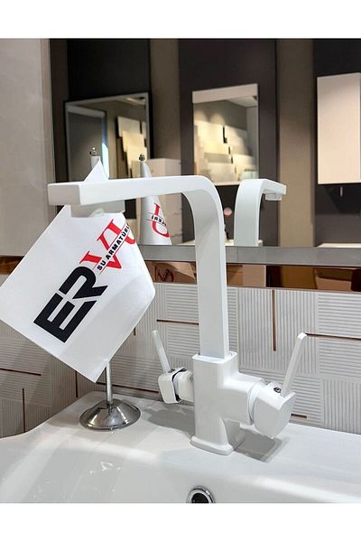 Ervu Yapı White Purified Square Sink L Pipe Kitchen Faucet (Hot Cold Inlet, Brass Material) 5 Years Warranty