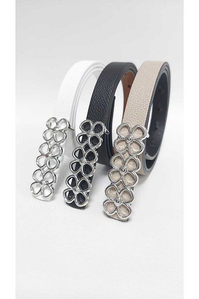 Kemerix Black-White-Mink 3-Piece Women's Thin Belt Set - Reversible