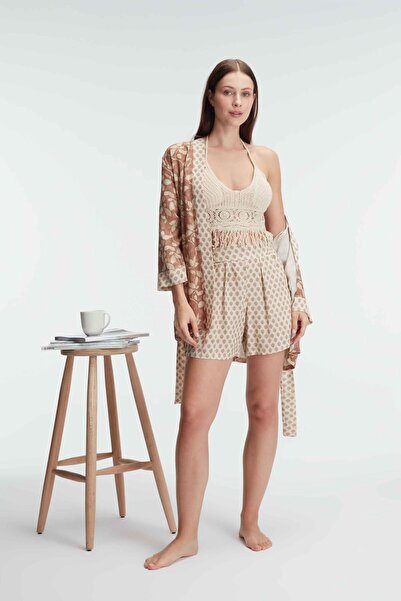 Anıl 5831 İp Askılı V Yaka Kadın Cotton Çiçek Desenli Yazlık Dokuma Mini Pijama Takımı Sabahlık
