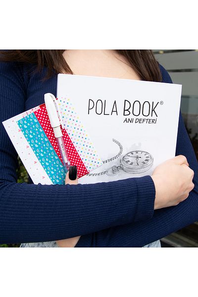POLABOOK White Self Design Memory Book and Photo Album with White Pen and Chain Clock Figure