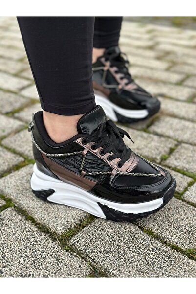 Allyup Καθημερινά γυναικεία μαύρα λουστρίνια αθλητικά παπούτσια Ψηλοτάκουνα μ...