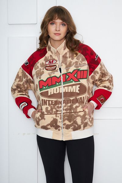 NEWLAKER Унисекс извънгабаритно ограничено издание Batik Washed Motosport Bomber яке с цип