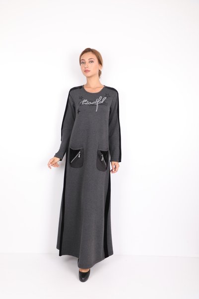 İMAJİNAL Red Striped Stone Embroidered Long Hijab Dress