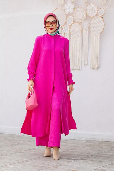 Swana Linen Long Tunic Trousers Set-Pink