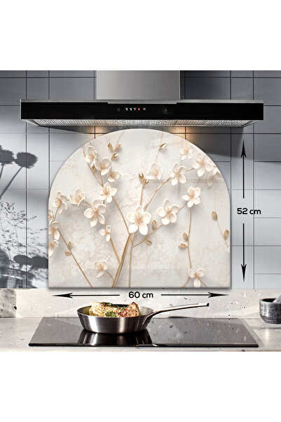 Decorita Cam Ocak Arkası Koruyucu | Oval Şekilli | Beyaz Çiçek - Gold | 52cm ...