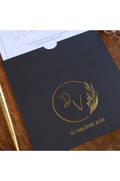 Pixel Davetiye 100 Adet Davetiye - Siyah Düğün - Nişan - Nikah - Sünnet - Kına Davetiyesi - 428