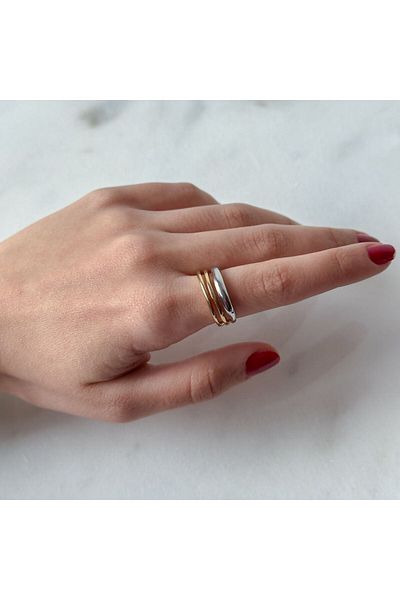 Rare Gold Jewelry Gold-Silver Three Rows Minimal Ring