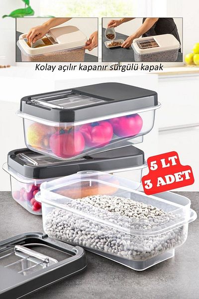 Nandy Home 3 Pieces 5 lt Multibox with Easy Sliding Lid Food Pulses Vs. Storage Container Anthracite