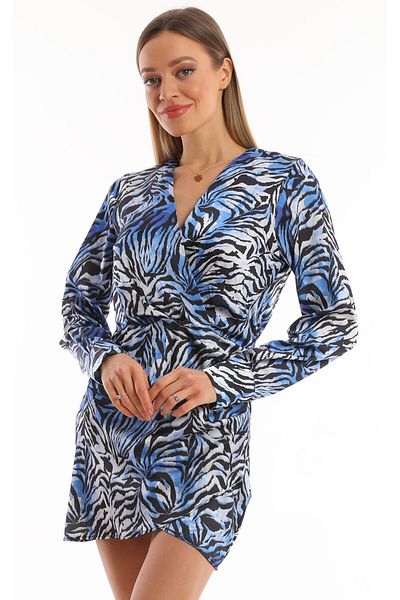 Miss Allos Women's Blue Stylish and Modern Patterned Lined Mini Shirt Dress
