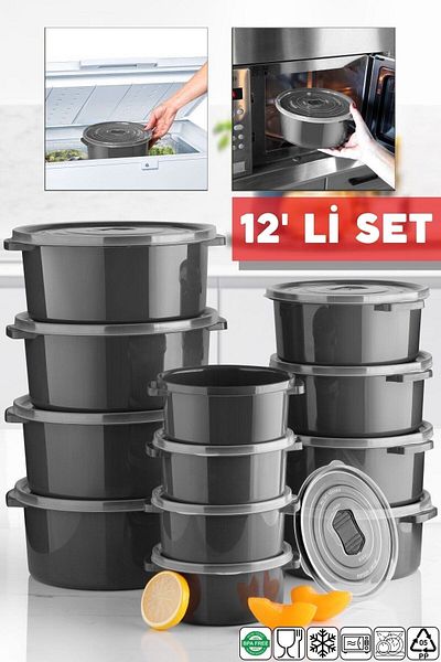 Nandy Home Set of 12 Anthracite Round Storage Containers for Microwave and Freeze