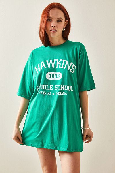 XHAN Green Crew Neck Printed Oversize T-Shirt 5YXK1-48208-08