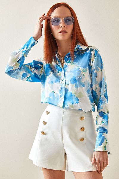 XHAN Blue Floral Patterned Satin Shirt 5YXK2-48203-12