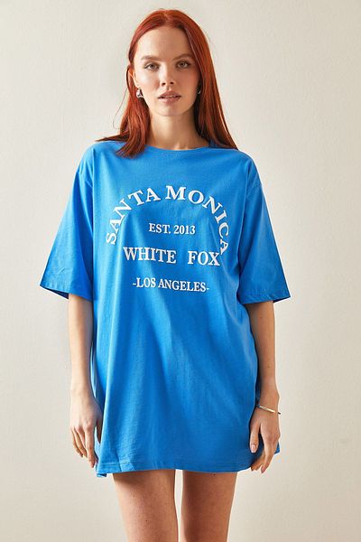 XHAN Μπλουζάκι Μπλε με λαιμόκοψη Midi Oversize 5YXK1-48207-12