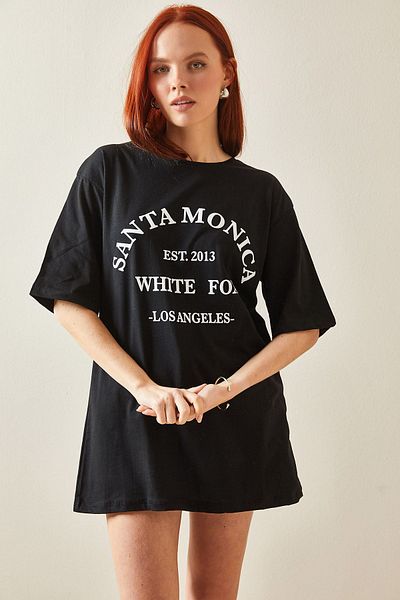 XHAN Black Crew Neck Written Midi Oversize T-Shirt 5YXK1-48207-02