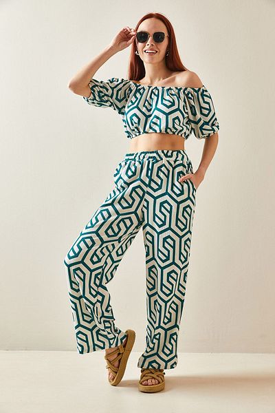 XHAN Green Patterned Casual Crop Double Suit 5YXK8-48188-08