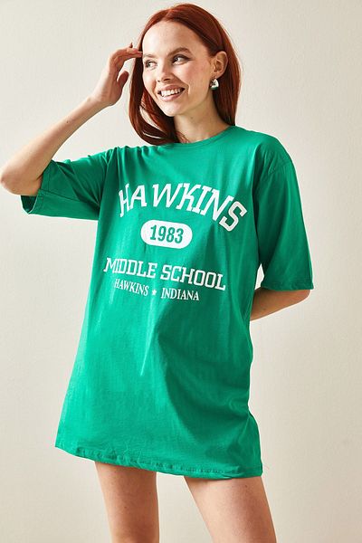 XHAN Green Crew Neck Printed Oversize T-Shirt 5YXK1-48208-08