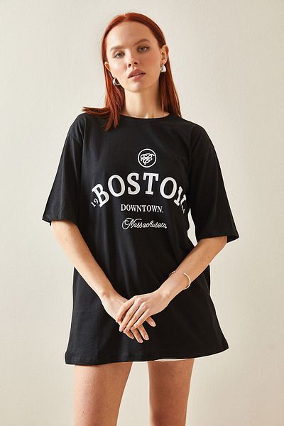 XHAN Black Crew Neck Printed Oversize T-Shirt 5YXK1-48209-02