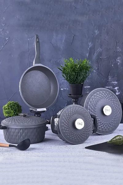 Taç Carabella 7 Piece Gray Pot Set - Cast Glass Lid Tac-3731