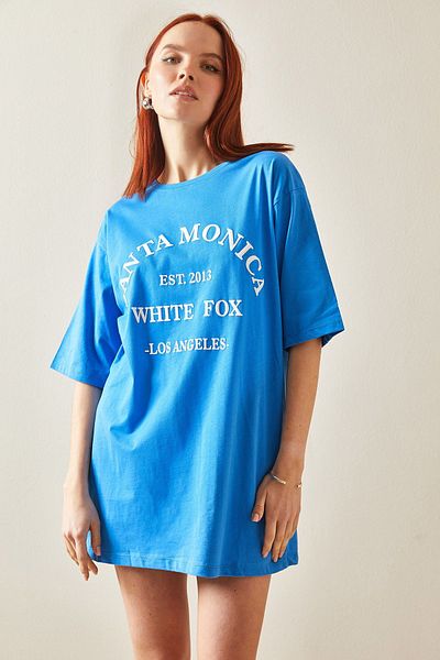 XHAN Μπλουζάκι Μπλε με λαιμόκοψη Midi Oversize 5YXK1-48207-12